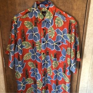 100% Silk Montage Tropical Tiki Warrior Hawaiian Shirt Size Small EUC -A